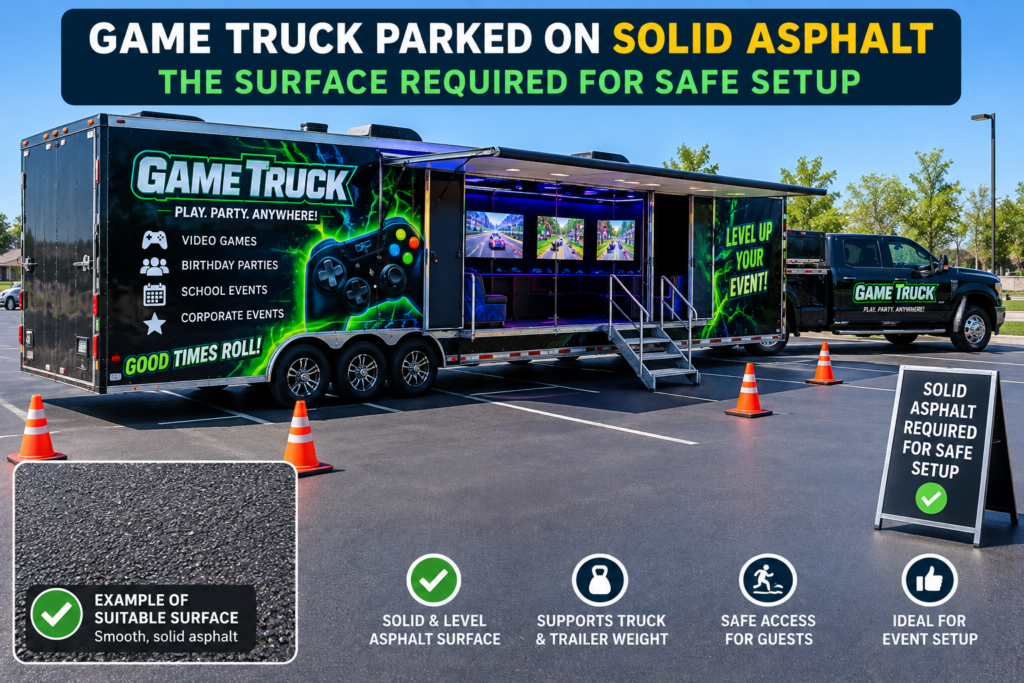 Game truck parked on solid asphalt, the surface required for safe setup